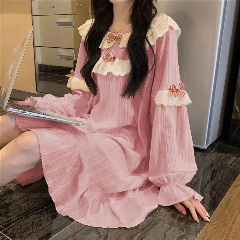 

2024 New Women's Spring Autumn Korean Nightdress Loose Casual Student Sweet Sleepshirts Girls Long-sleeved Nightgowns Loungewear