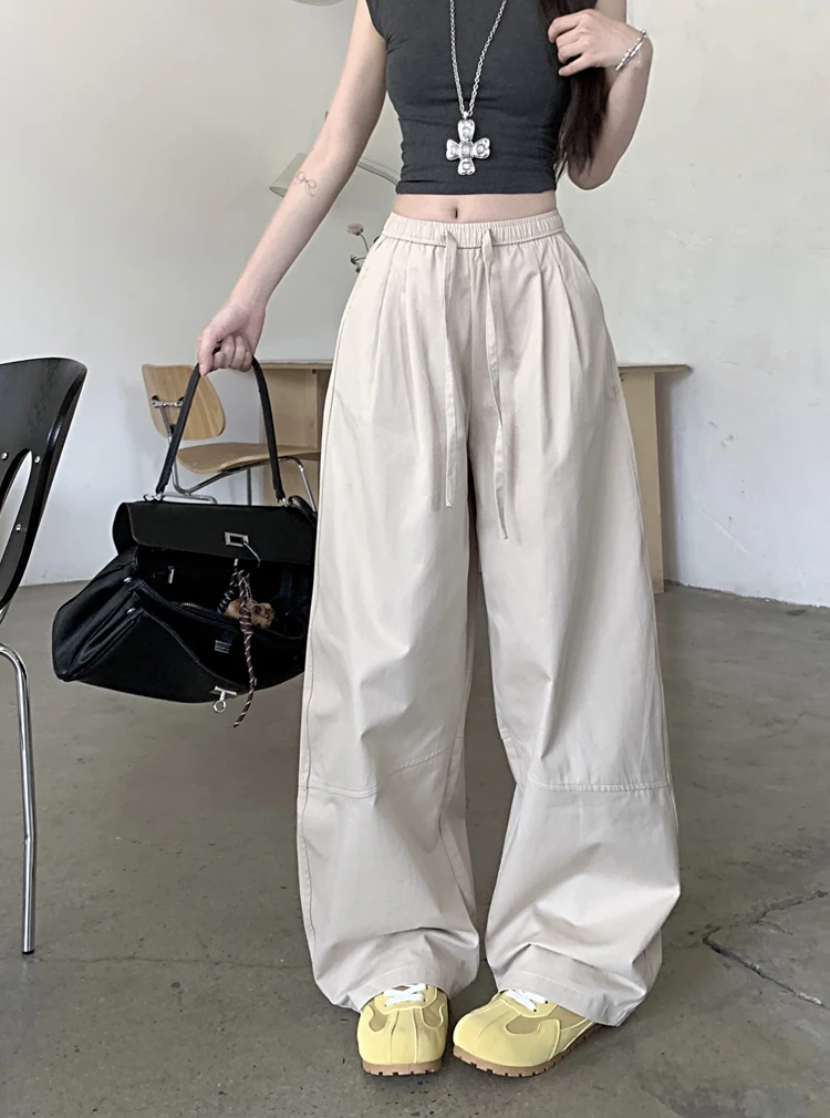 

Women's Summer Casual Wide Leg Long Pants Lady High Waist Elastic Waist Full Length Loose Straight Pants