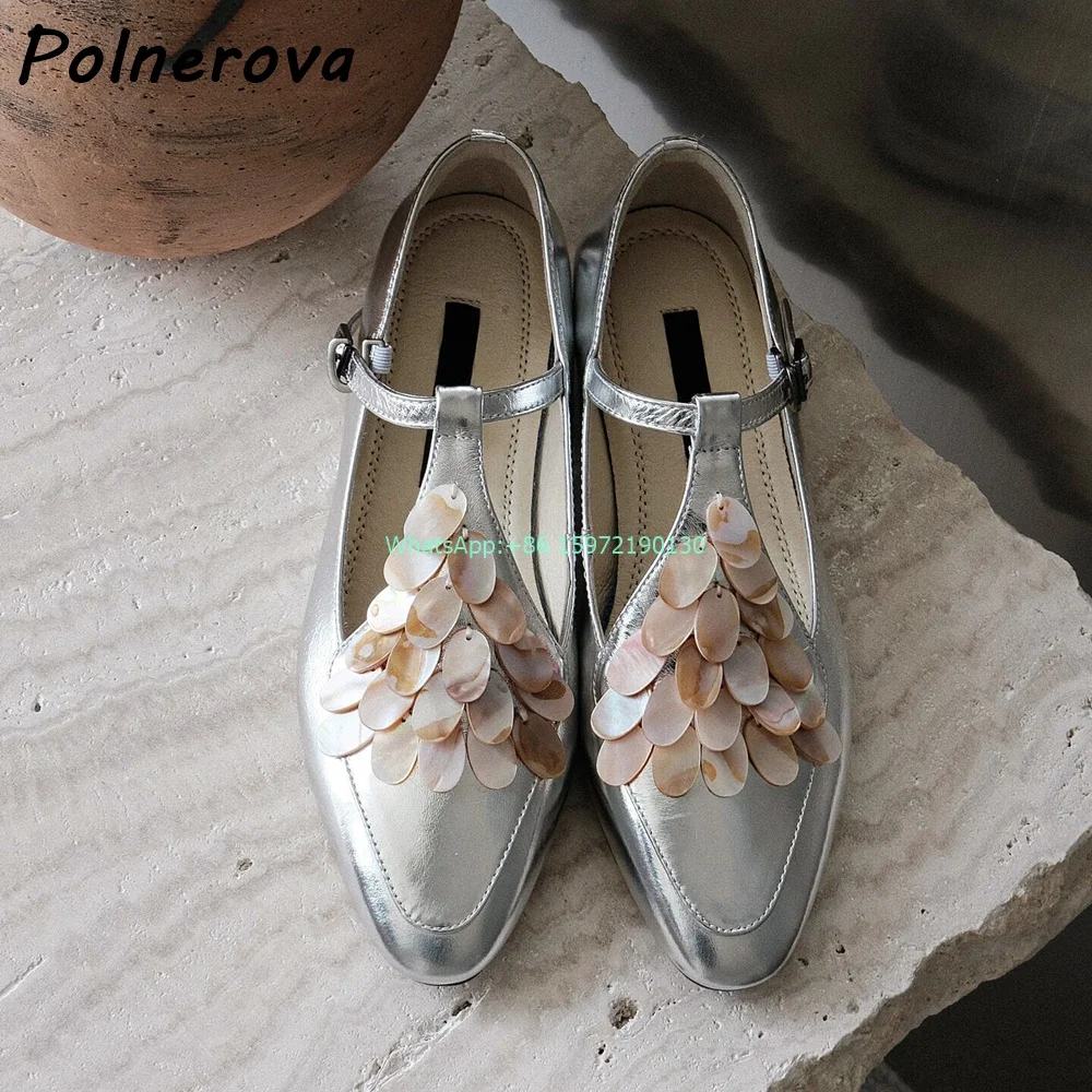 

Mermaid Shell Mary Jane Pumps T-Strap Chunky Heels Buckle Strap Hollow Shoes French Style Fashion Romantic Silvery Ladies Shoes