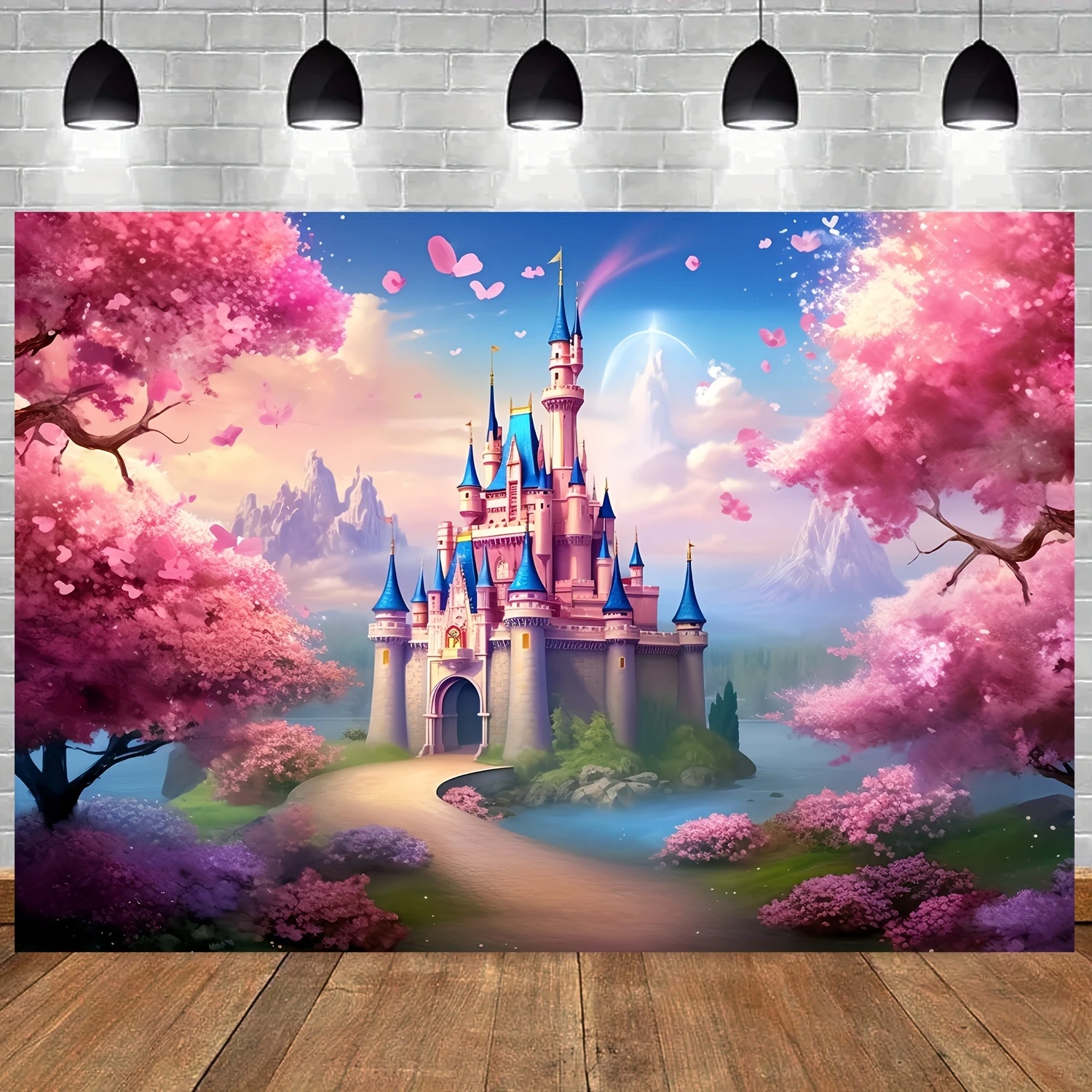 Castle background polyester fabric pink cherry blossom forest rainbow flower fantasy fairy tale foot photography background