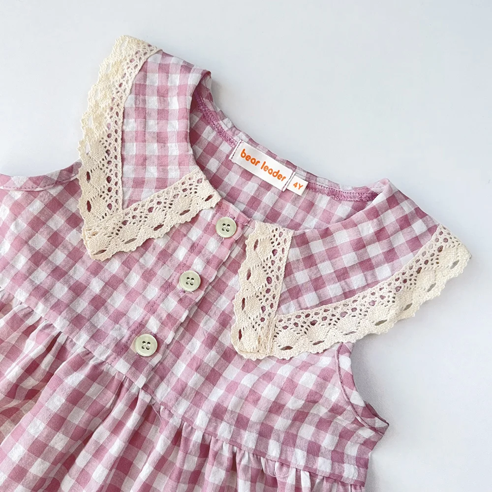 Casual Landschaft Stil Sommer Neue Spitze Revers Ärmelloses Plaid Kleid für Mädchen Süße Kleidung Koreanische Version – Detail 11