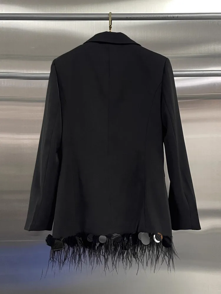 Ostrich Feathers Women Suit Jacket Diamond Sequin Banquet Blazers Straight Cut Autumn Double Breasted Outerwear Office Lady Coat
