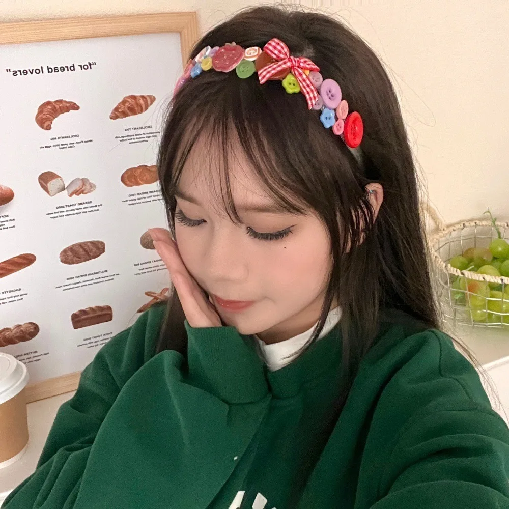 Повязка на голову с цветными пуговицами дофамина для мытья лица Y2k, детская повязка для волос, головные уборы, корейский стиль, заколка для волос с бантом, реквизит для фотосъемки