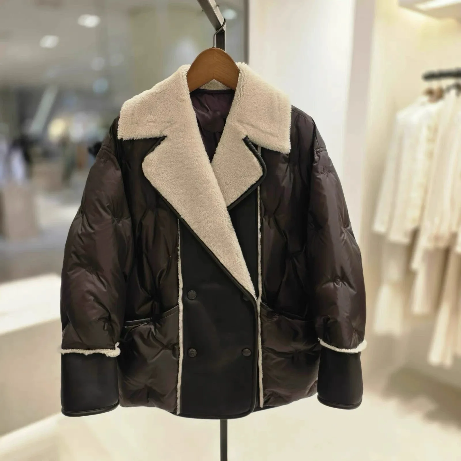 Faionable تقسم فرو الضأن طوق مبطن Jaet المرأة تخفيف Sle طويل Sve سستة إغلاق اللون أوزة أسفل معطف