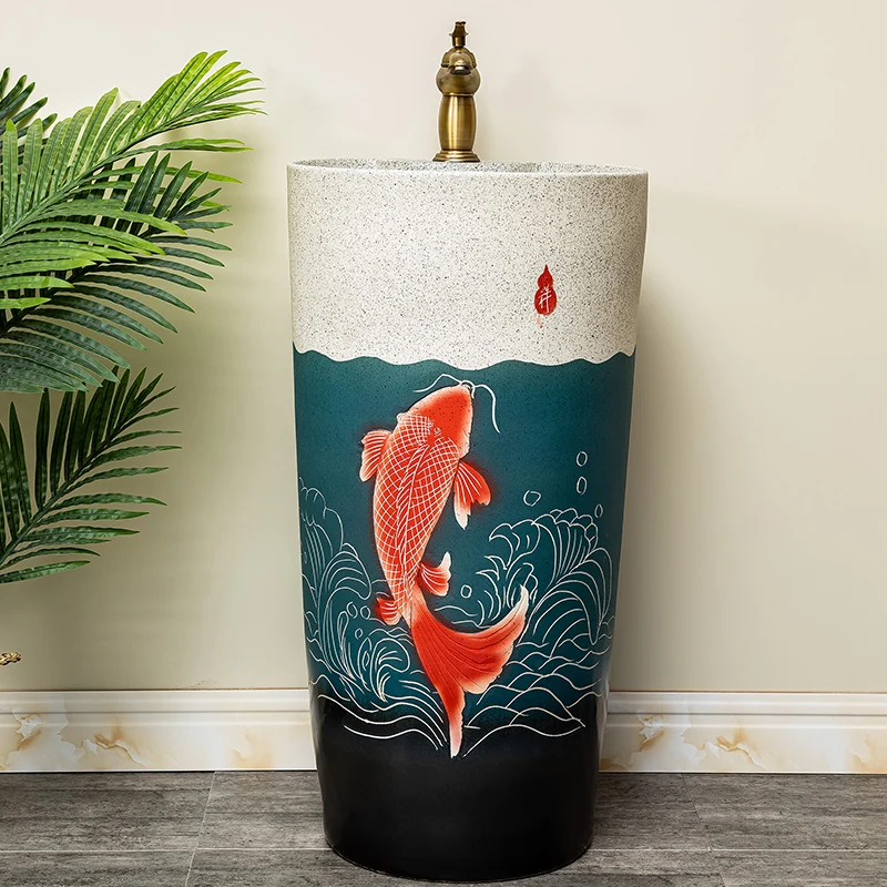 

Ceramic column basin, red carp floor standing washbasin, balcony, courtyard column basin, hotel column washbasin