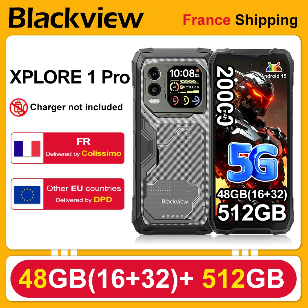 Blackview XPLORE 1 Pro [Bez ładowarki UE] Wytrzymały smartfon 48(16+32)GB+512GB 5G 6.78'' IPS 2.4K 20000mAh Android 15 NFC 64MP+50MP