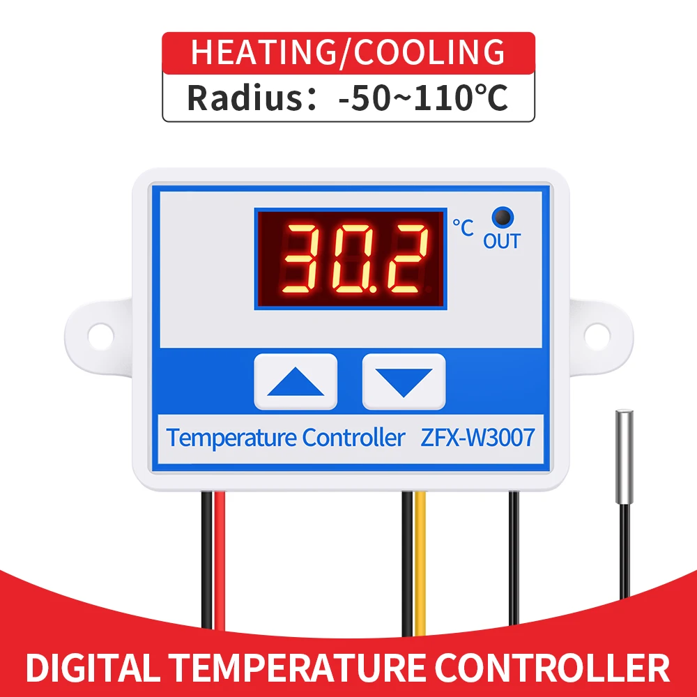 DC12-60V Digital Battery Temperature Controller LED Thermostat Control Switch with Waterproof Probe NTC Red Display ZFX-W3007