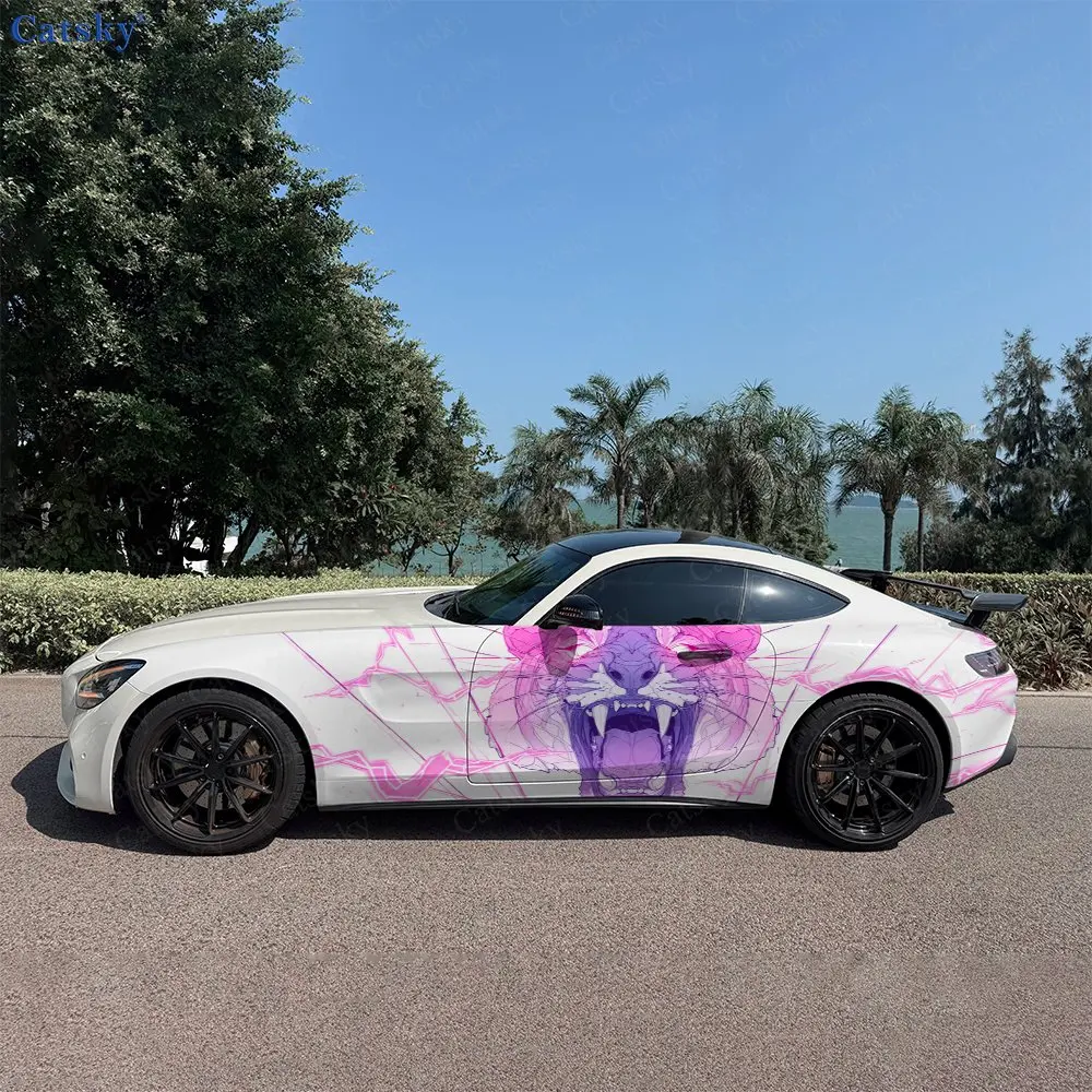 2pcs Neon Purple Polygon Tiger Car Side Wraps, Self-Adhesive PVC Waterproof & Scratch-Resistant Stickers, Car Accessory Gift