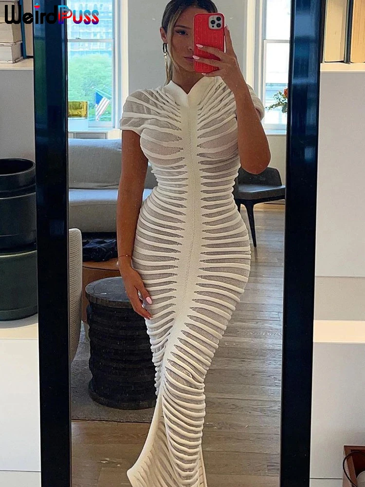 Weird Puss Elegant Shorts Sleeve Dress Women See Through Knit Striped Solid Skinny Stretch O-Neck Streetwear Bodycon Vestidos