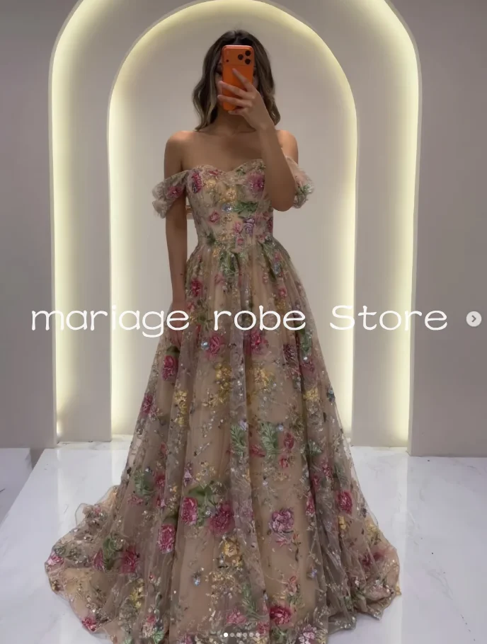 Sparkly Floral Champagne Beach Wedding Dresses Off Shoulder Flow Summer Holiday Bride Reception Second Gown Outfit Customized