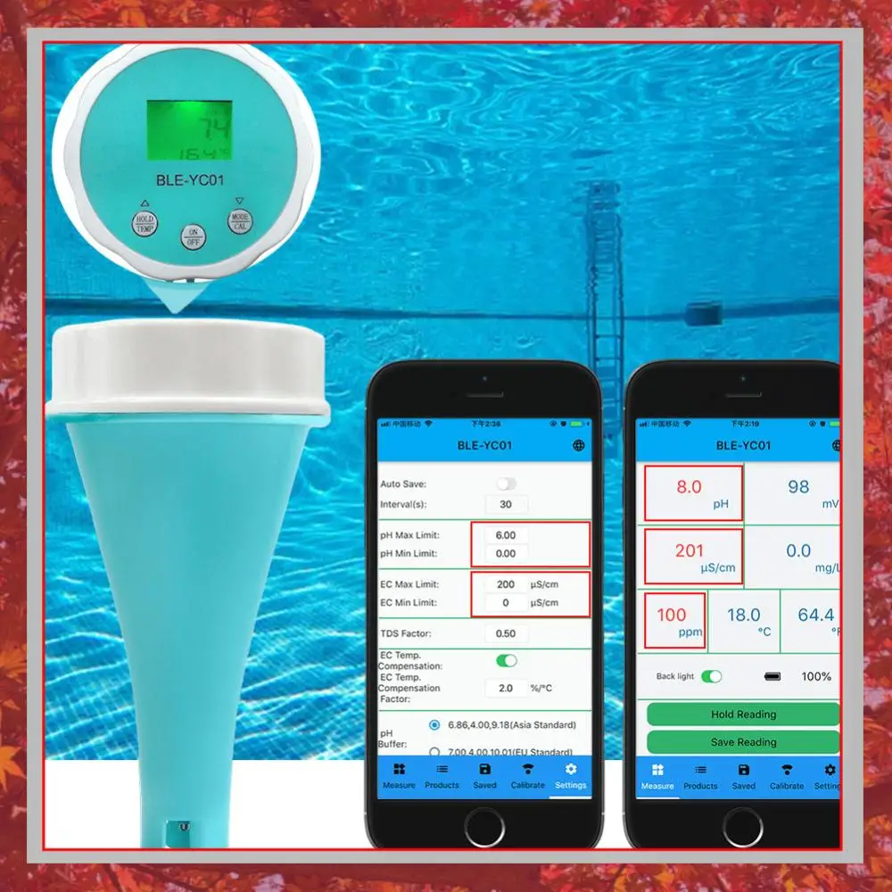 6 in 1 Smart Floating Swimming Pool Water Analyzer BT Water Quality Test Meter Digital Chlorine ORP EC TDS Temp PH Meter