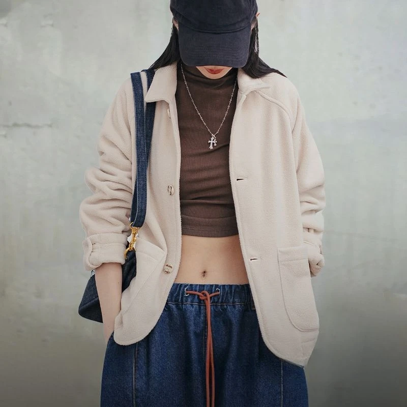 

Women's Fleece Lapel Warm Jacket Spliced Pockets Single-breasted Solid Color Casual Cardigan TOPs Coat for Winter Outwear Women