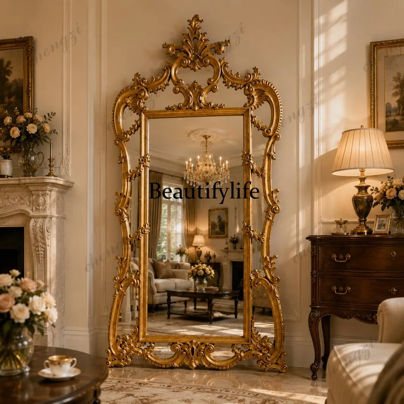 French retro carved full-body mirror household wall-mounted floor mirror European-style household fitting mirror