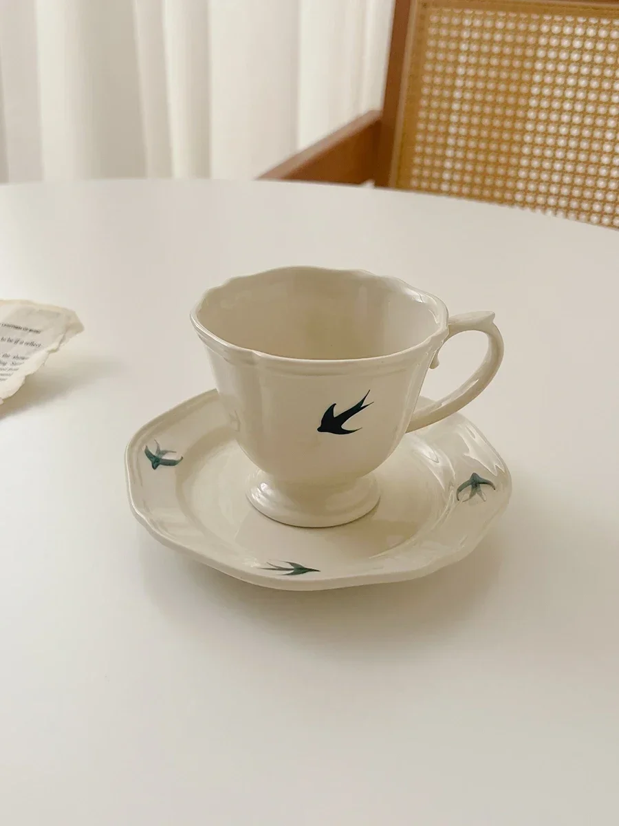 

Swallow Pattern Japanese Vintage Coffee Cup Set Cup and Plate Ceramic Small Household Drawing Japanese Afternoon Tea Cup