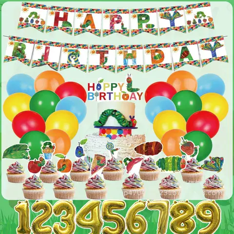 The Very Hungry Caterpillar Birthday Party Supplies Cartoon Caterpillar Banner Balloons Cake Toppers Kid Baby Shower Party Decor