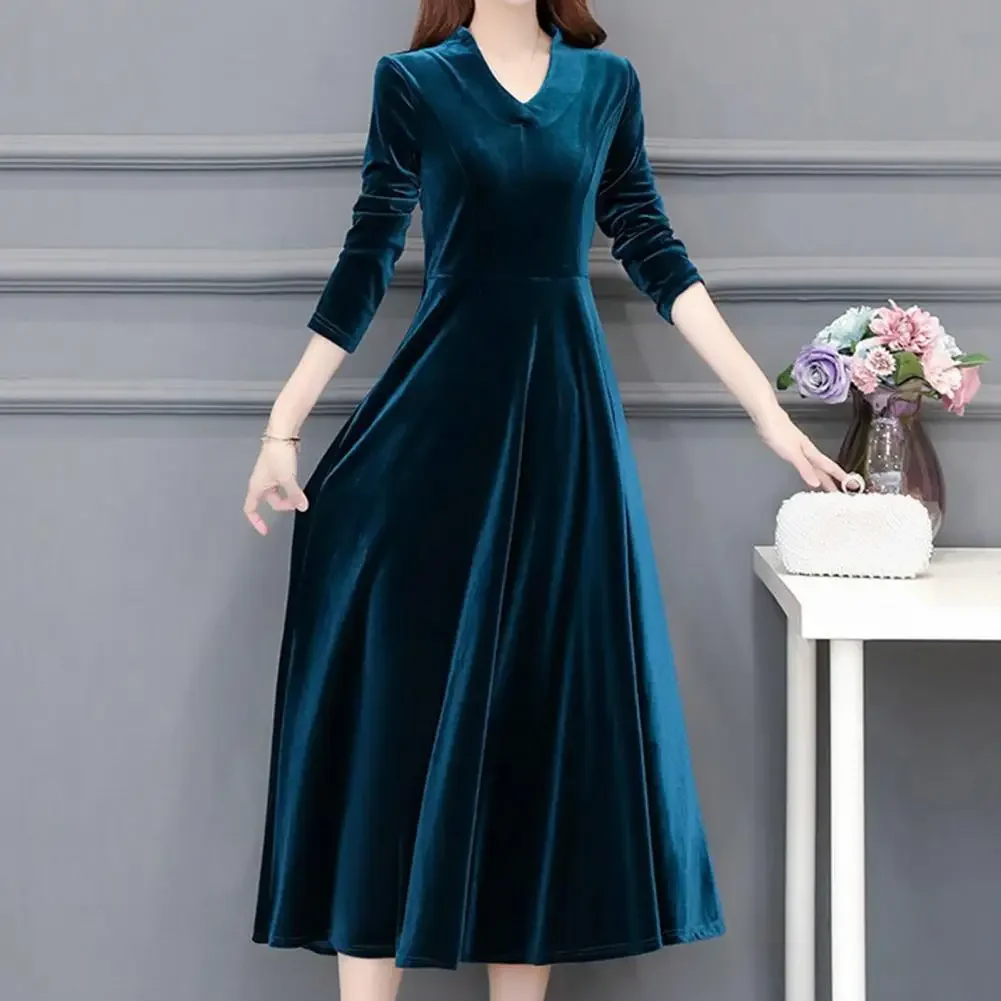 

2024 New OL Style Chic Pure Color Party Dress Mid-calf Length Fall Banquet Dress Soft Women Garment