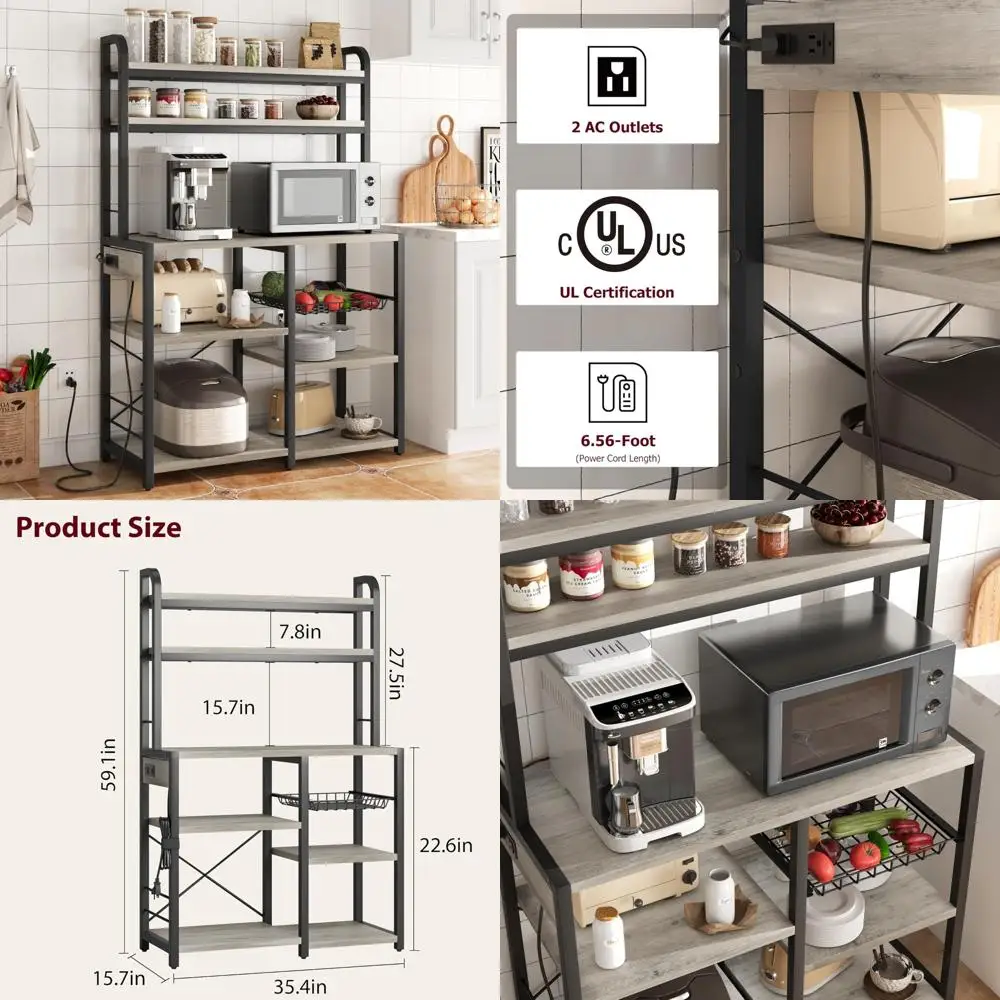 Microwave Stand with Industrial Design, Kitchen Buffet Table, Coffee Bar Drawer, Power Outlet Bakers Rack, Wire Management Solut