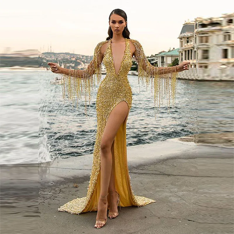 Sparkly Gold Sequined Prom Dresses Deep V Neck Sexu High Split Evening Gowns Tassels Sleeves Arabia Women Wedding Party Dress