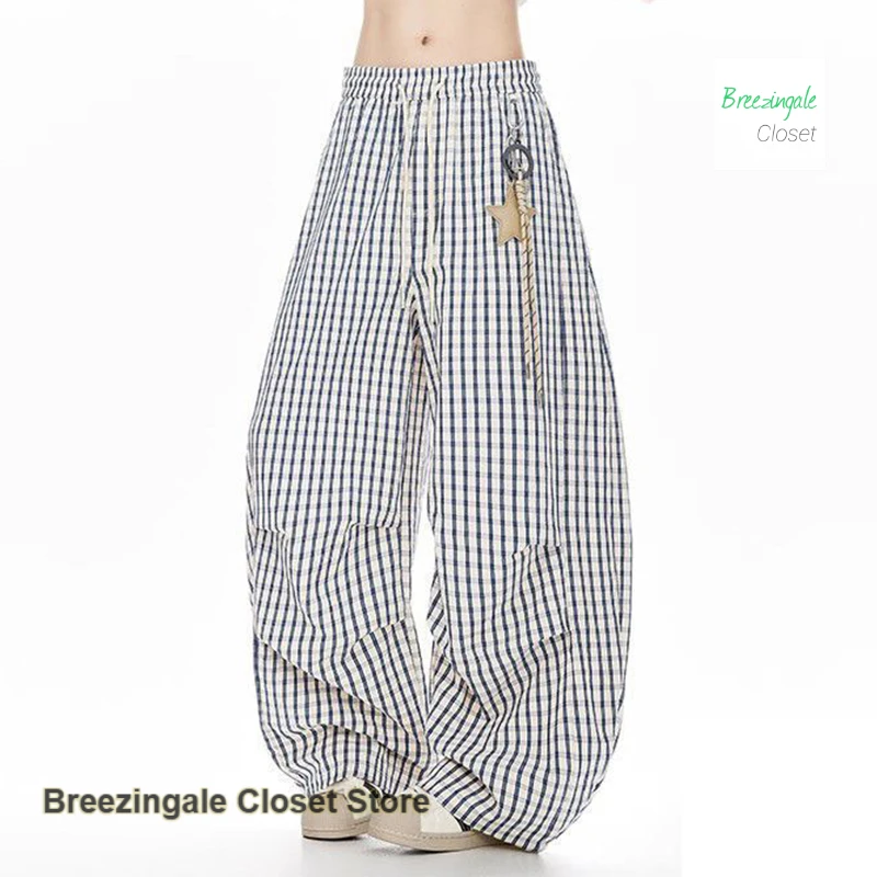 

American-style retro star ornaments thin pants in summer new plaid simple straight female plus size loose casual slim pants.