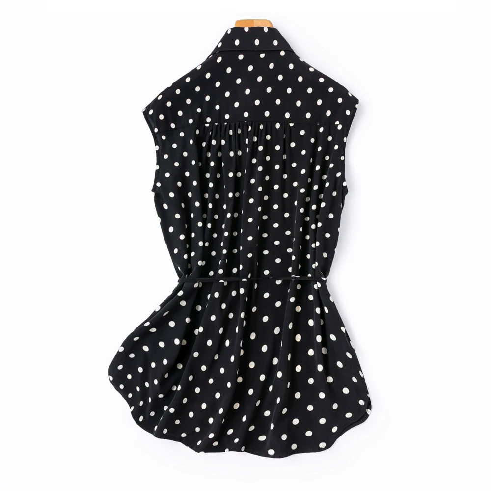Women's Casual Summer New Simple 93% Natural Mulberry Silk Elastic Crepe De Chine Square Neck Black and White Polka Dot Shirt