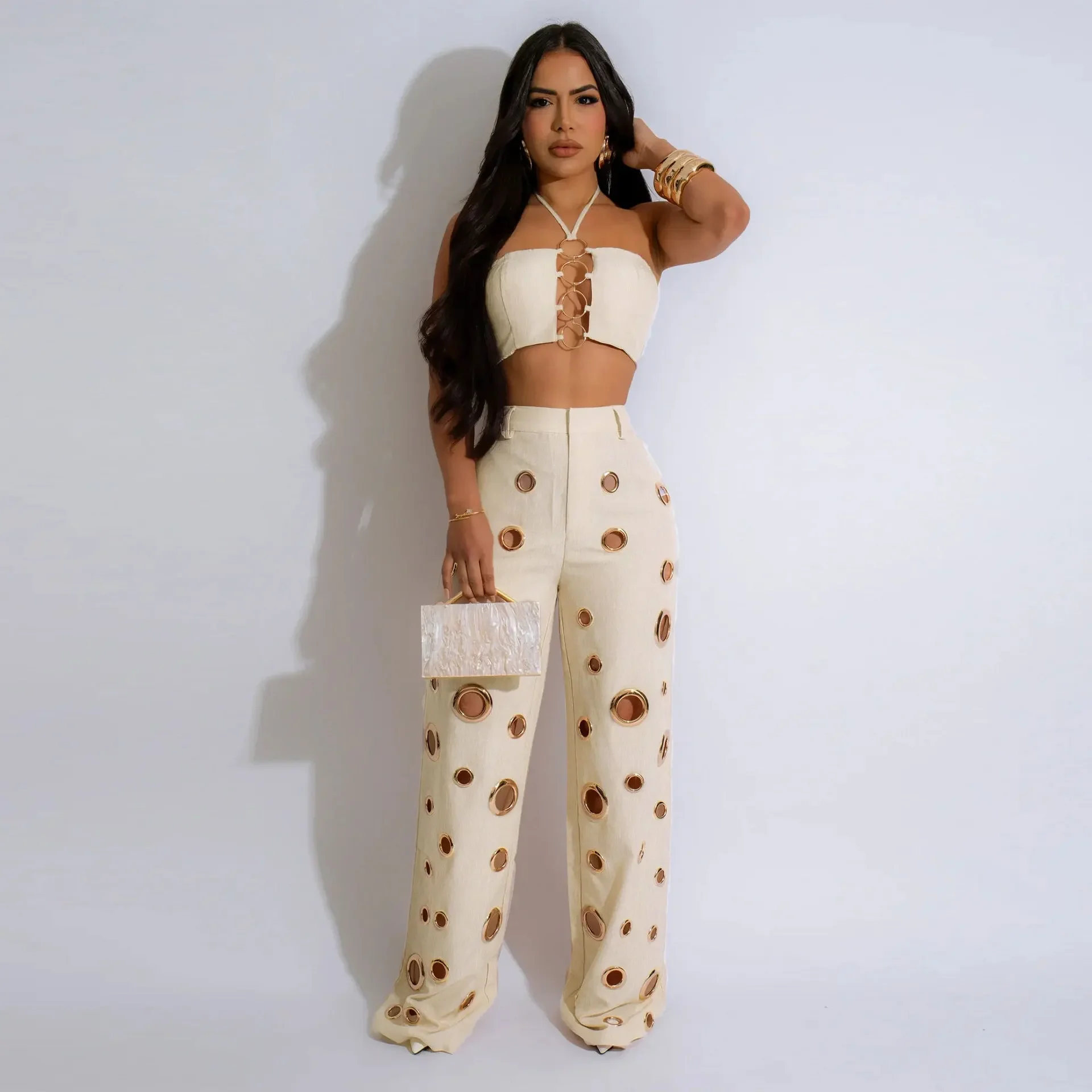 Prowow Fashion Two Piece Women Clothing Set  Cropped Tanks Tops High Waist Hole Wide Leg Pant Matching Suits for Party Nightclub