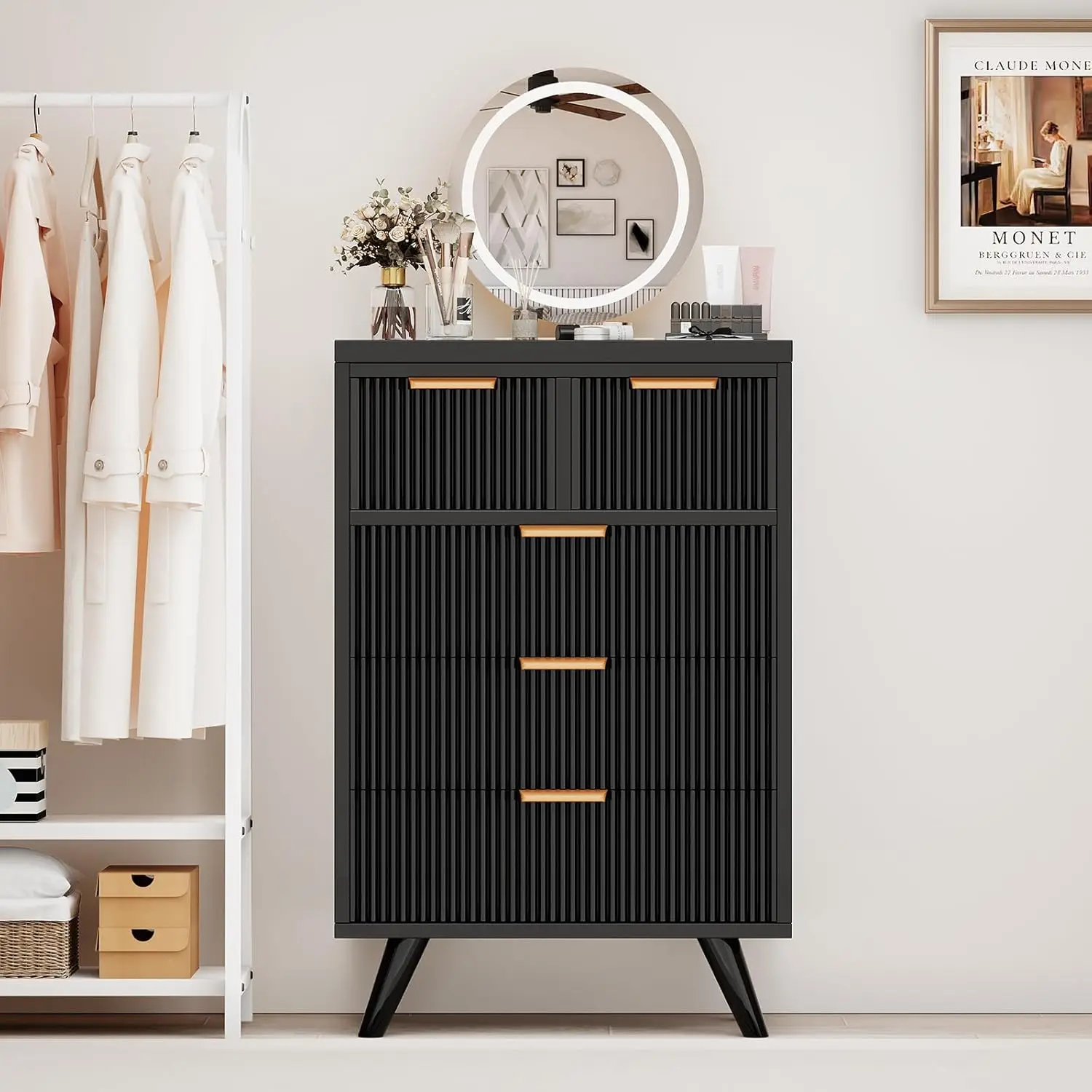 Black Fluted 5 Drawer Dresser for Bedroom, Chest of Drawers with Solid Wood Legs, Modern Dresser Chest Cabinet Organizer