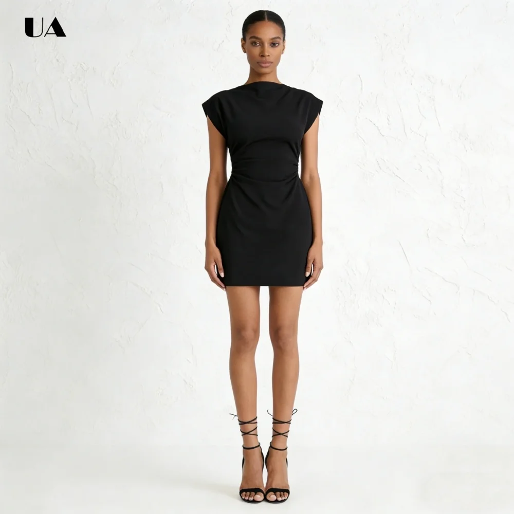 

ULBYANRY Simple Sheath Mini Dress with High Boat Neck, Solid Sleeveless Evening Dresses for Women, Ruched Customized Party Gown