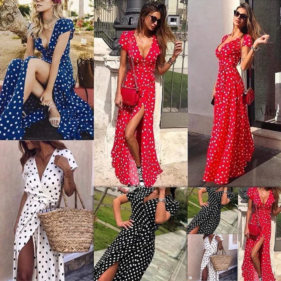 Women Summer Dress 2022 European Hot Summer V-neck Low-Cut Printed Polka Dot Maxi Long Dresses Vestidos Dropshipping