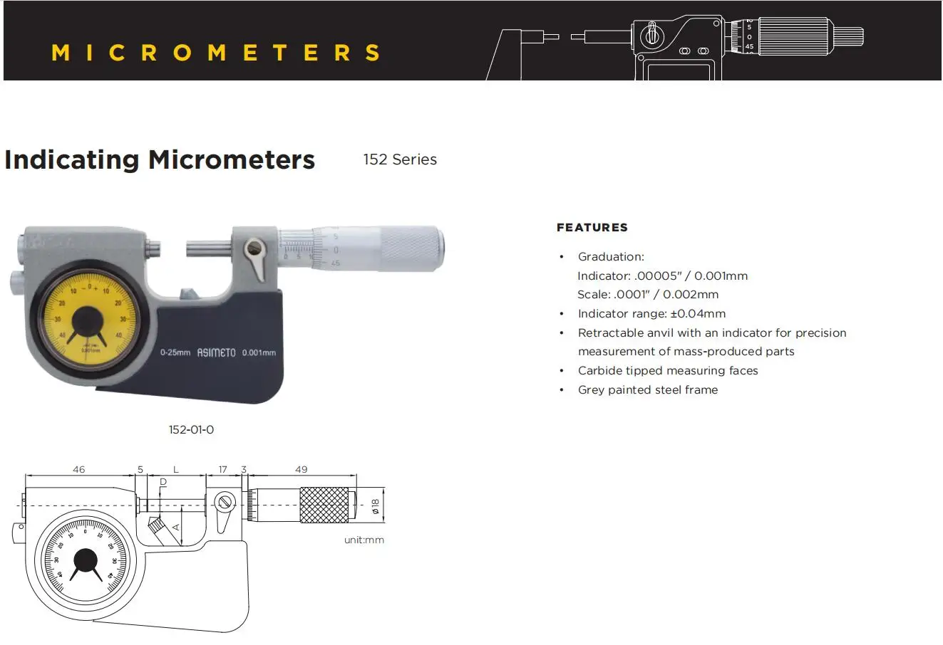 Asimeto 152-01-0 measuring range 0-25mm graduation 0.001mm Indicating Micrometers