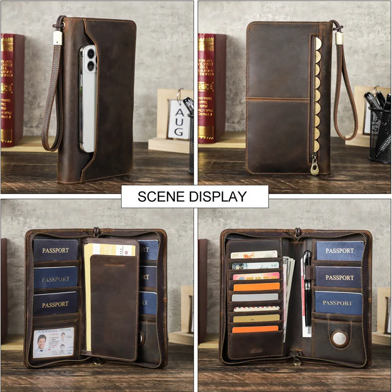 British Style Top Layer Cowhide Anti Theft Brush Travel Clip  Multi Functional Genuine Leather Wallet Female Family Passport Bag