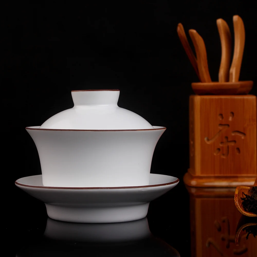 Jingdezhen Ding Kiln Matt White Browm Rim White Ceramic Gaiwan Gongfu Tea Brewing Teacup Gaiwan 160ml Ceramic Tureen Three Bowl