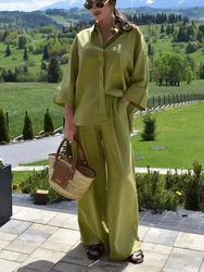 HH Women Casual Solid Loose Shirt Trouser Suit 2024 Long Sleeve Lapel Shirts Elastic Waist Wide Leg Trousers Office Lady Set