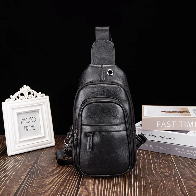 PU leather men's multi-pocket chest bag, waterproof, wear-resistant and multi-functional women's travel single-shoulder backpack