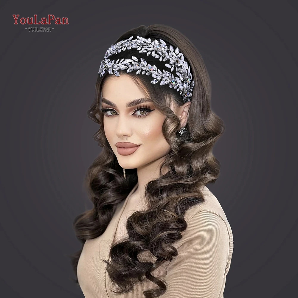 YouLaPan Silver Color Double Layer Alloy Leaf Hair Hoop Bride AB Rhinestone Headband Accessories Wedding Tiaras Headdress HP664