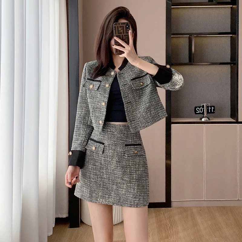 

In Stock Actual Photos: Spring Fashion Patchwork Chic Style Elegant Jacket and Skirt Two-Piece Set Fashionable Women Female Set