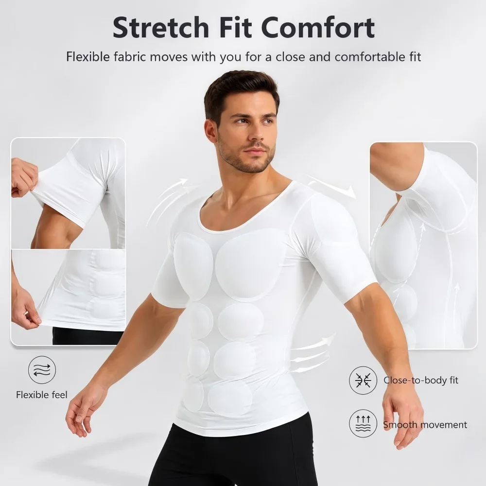 Breathable Men Fake Muscle Compression T-Shirt, Fake Chest & Shoulder Padded Shaper Underwear, Elastic False Muscle Undershirt