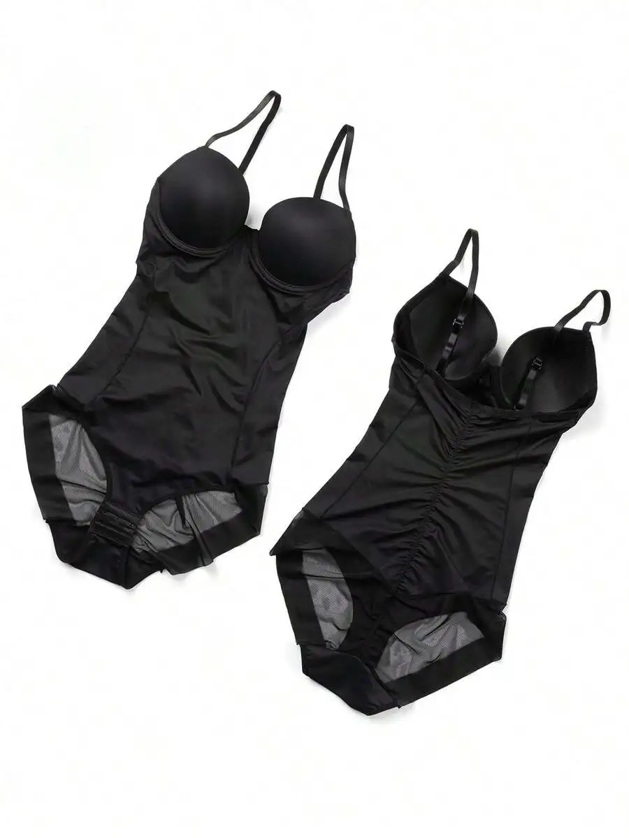 

Black Shapewear Bodysuit With Integrated Bra, Tummy Control Slimming Undergarment, Mesh-Panelled Corset-Style One-Piece