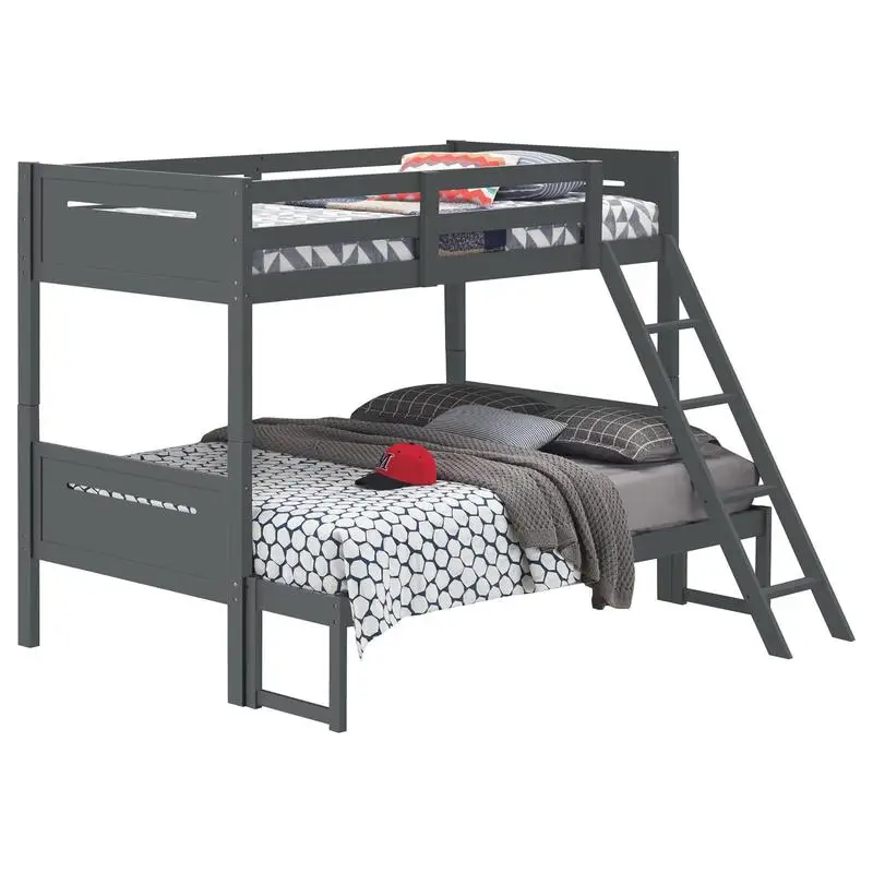 Grey Twin Full Bunk Bed with Ladder and Safety Rail for Space-Saving, Multi-Functional Design, Ideal for Kids and Guests