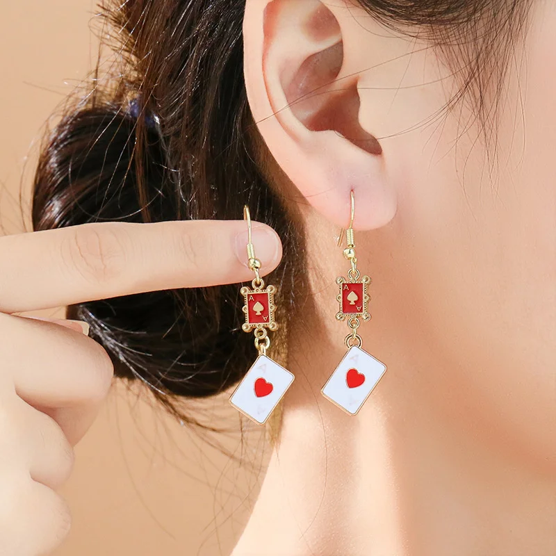 Creative Playing Cards Red Peach A Earrings Personality Asymmetric Peach Heart Drop Earrings  Metal Enamel Drip Oil Love Earring