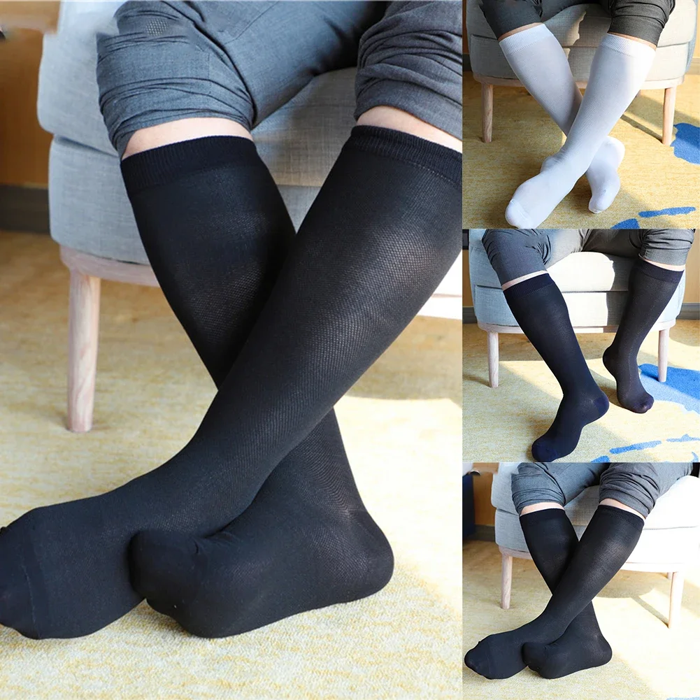 Fashion Men\'s Cotton Blend Thin Business Formal Middle Socks Sheer Dress Knee Brace Thigh Stocking Hosiery Long Socks