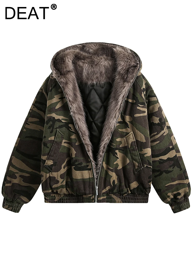 DEAT Moda Camouflage Cappotto imbottito in cotone da donna con cappuccio Cerniera allentata Peluche Giacca spessa Parket Inverno 2024 Nuova marea CPG2404