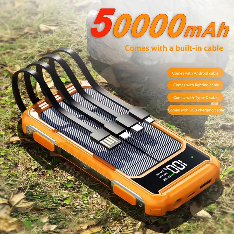 

50000mAh Solar Powerbank Portable Large Capacity Charger Fast Charging With Four Cables Digital Display For Ios Android Samsung
