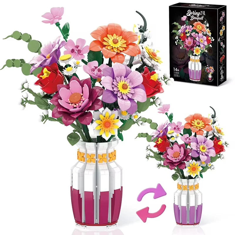 Spring Flower Bouquet Building Kit Model Floral Bricks DIY with Vase Home Ornaments Toys for Adults Kids Holiday Gifts