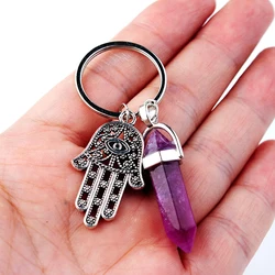 1Pc Natural Stone Crystal Points Keychain with Hamsa Hand Evil Eye Charms Reiki Energy Good Luck Amulet for DIY Jewelry Making
