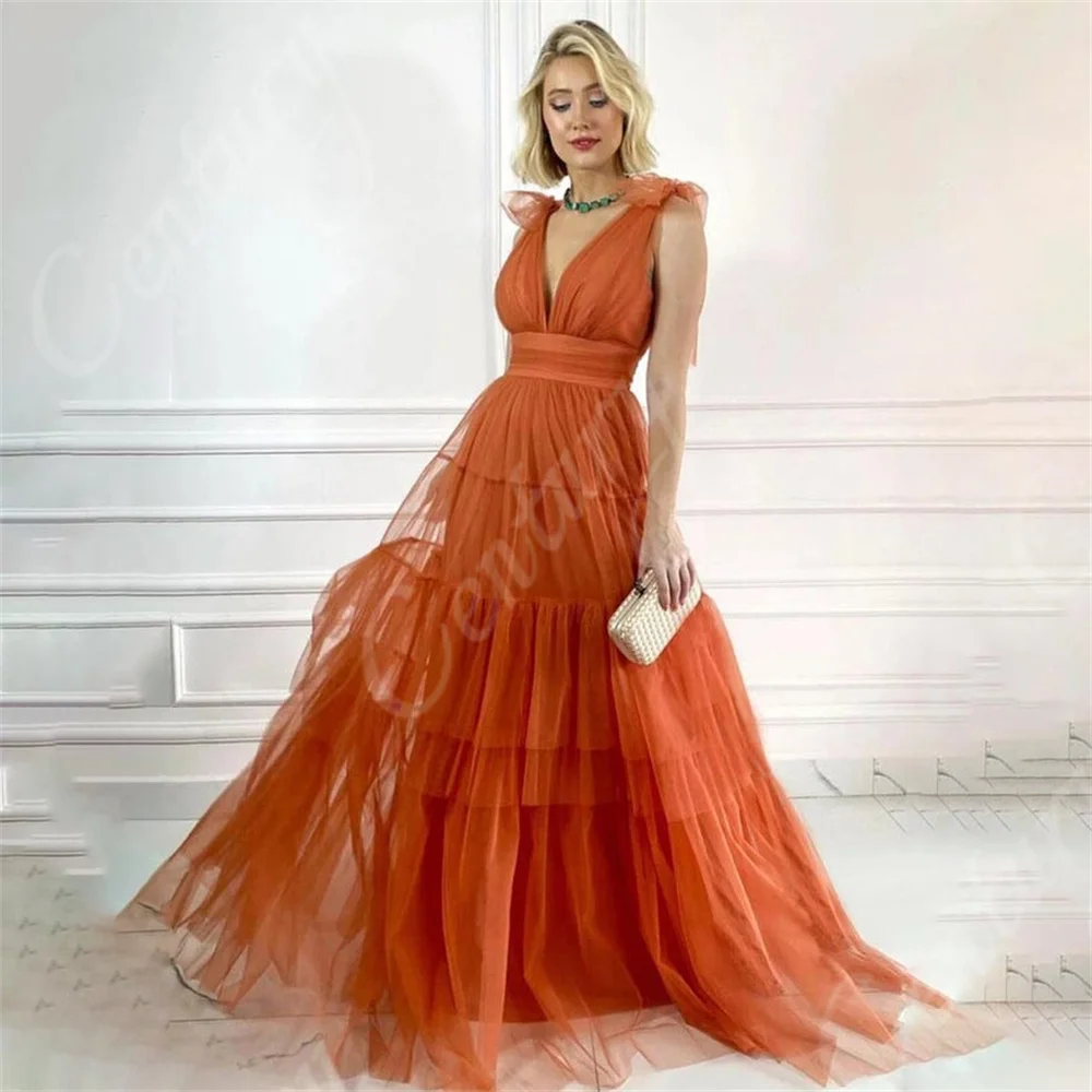 Double V Neck Prom Dress Orange Tulle Customized Celebrity Dresses Women\'s Evening Dress A Line Tiered Pleated Formal Party Gown