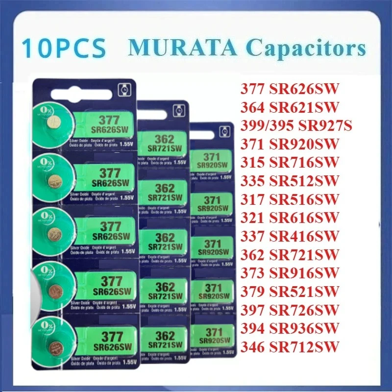 10 Piezas de Baterías Murata con Chip Integrado: SR626SW, 377, SR621SW, 364, SR920SW, 371, SR616SW, 321, SR936SW, 394, SR521SW, 379, 395, SR927S, 362