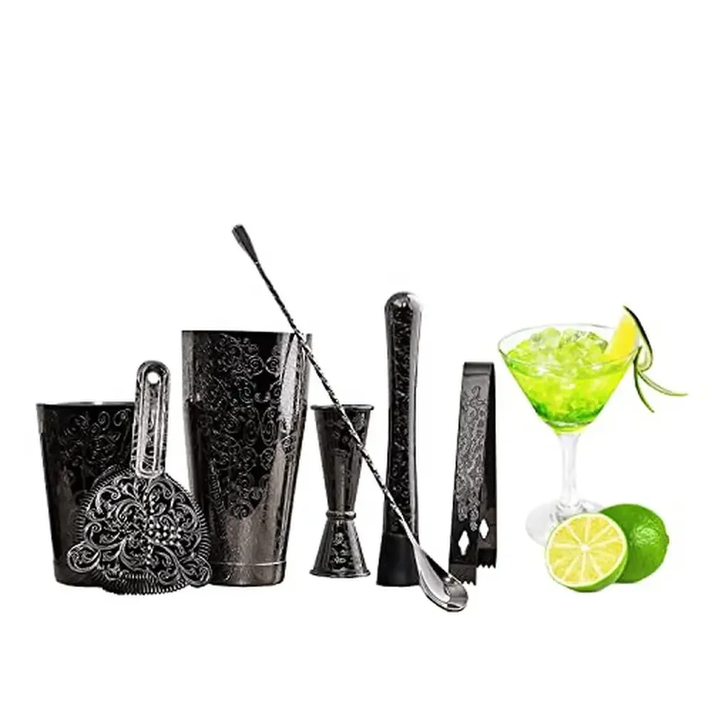 Bartender Kit Cocktail Shaker Set Stainless Steel Etching Bar Tools Boston Shaker Tins Knightly Black Plated Ice Tongs Royal