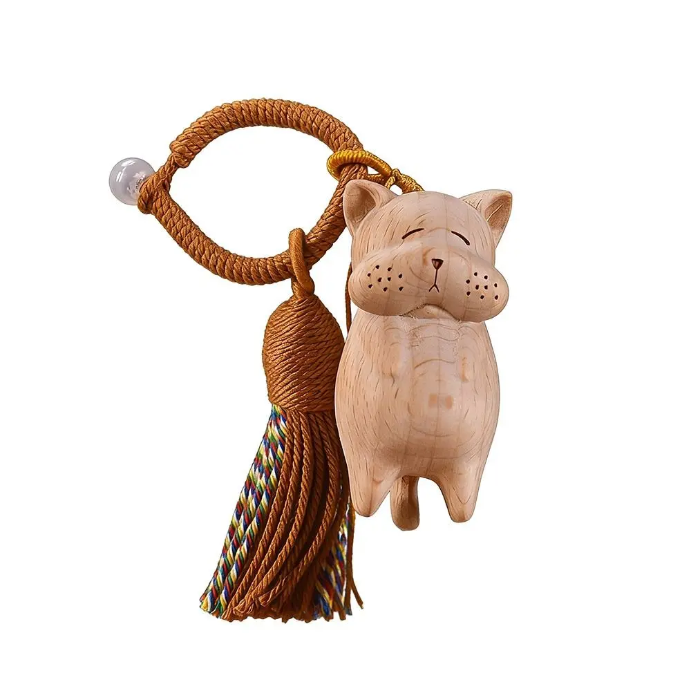 Tassel Handcrafted Wooden Cat Pendant Bags Decoration Money Catching Cat Cat Keychain Wooden Material Bag Pendant