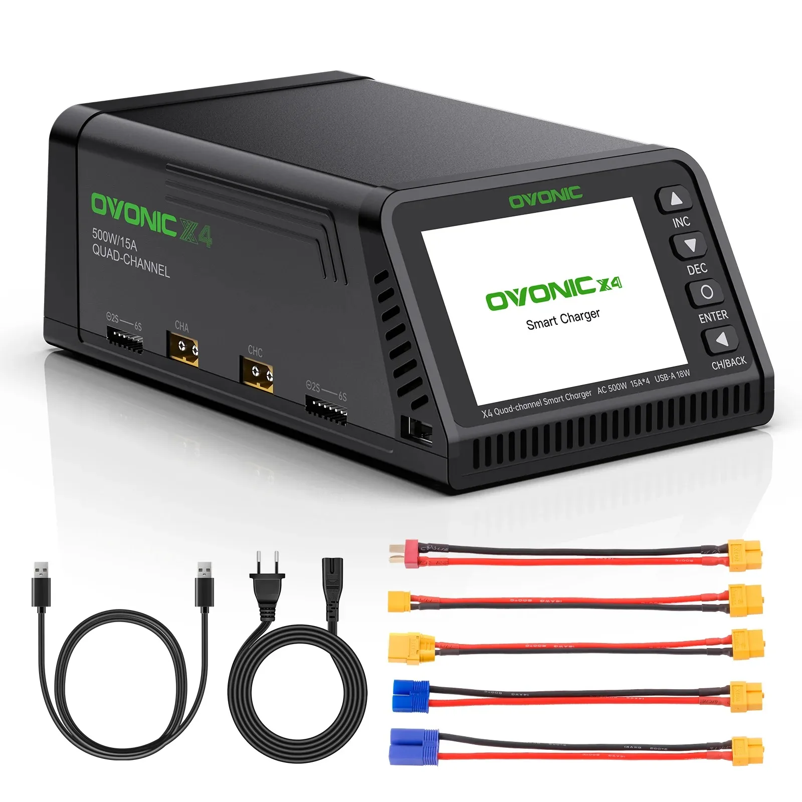 Ovonic X4 AC500W 4 Channel Smart LiPo Battery Charger 15A Per Channel RC Car FPV Drone Multi Battery Charger with 3.5 Inch IPS Display for 1S to 6S LiPo and 3S to 18S NiMH