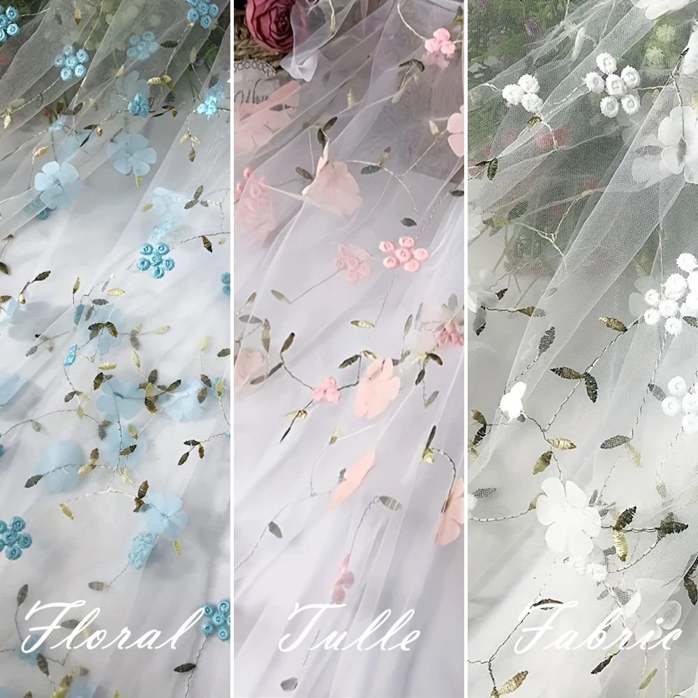 

1 Yard 3D Embroidered Lace Mesh Fabric Pink/Purple 1.3m Wide for Kids Dress Evening Gown DIY Sewing Elegant Vintage Cute